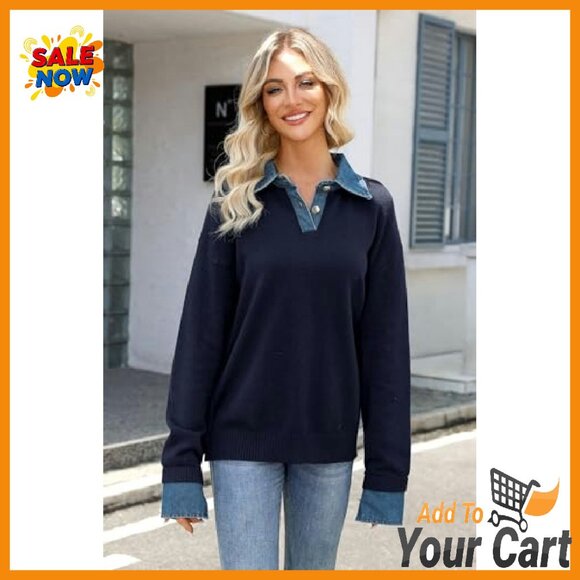 Oversized Chunky Sweater Mock Turtleneck V-Neck Button Pullover - Picture 5 of 8